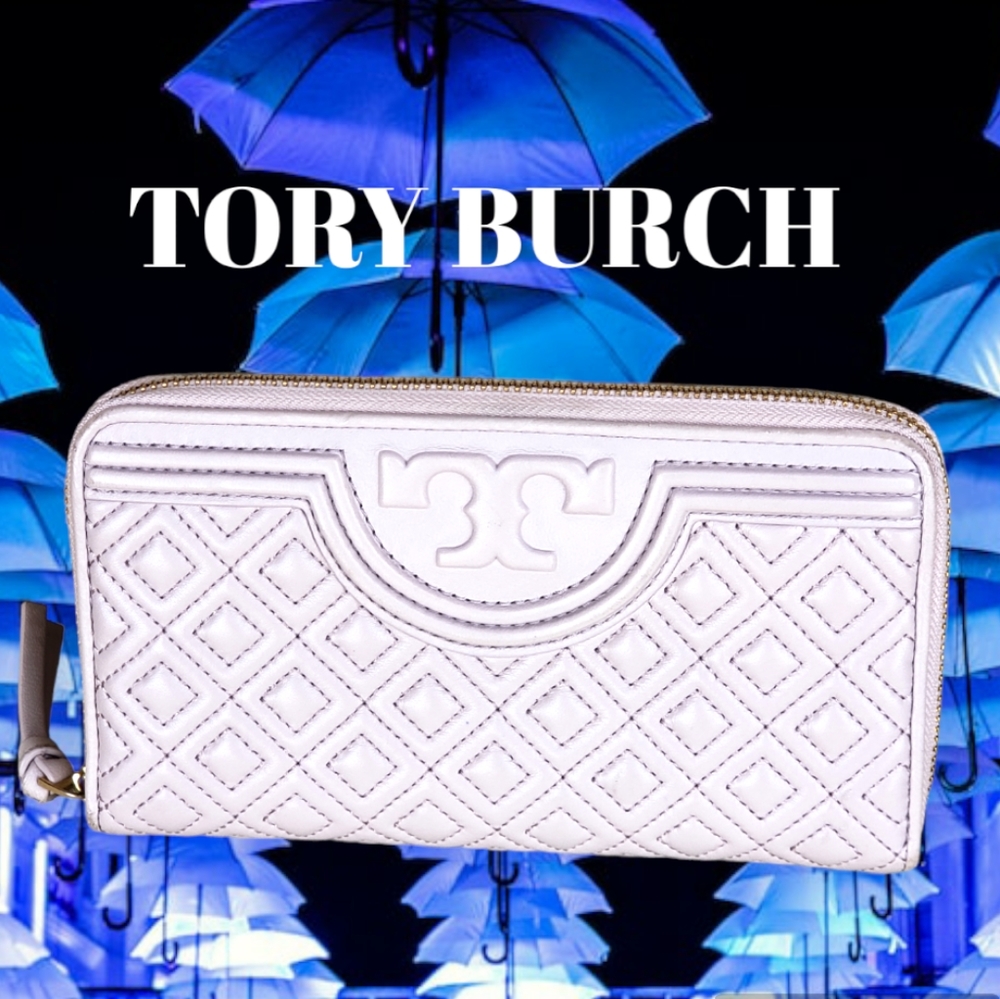 TORY BURCH Slim Fleming Nude Pink  Lambskin Leather Zip Around Wallet